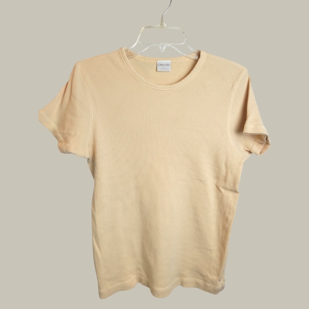 VTG Cherokee 80s Ribbed Short Sleeve T-Shirt Minimalist Cotton Yellow Large